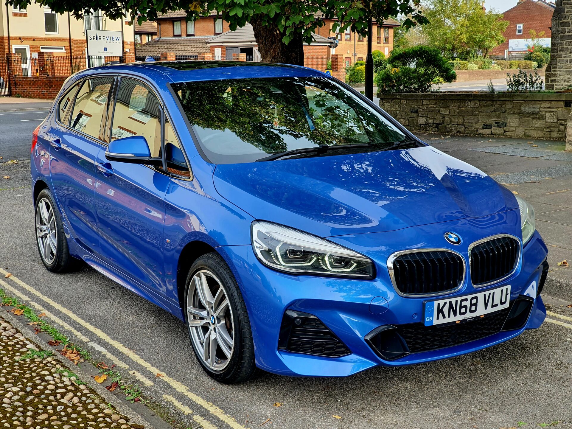 blue hybrid BMW car